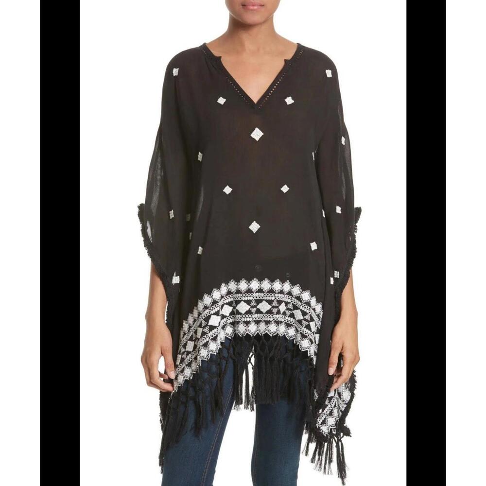 Alice + Olivia Women's XS/S Black White Fringe Poncho Resort Swimsuit Cover Up‎
